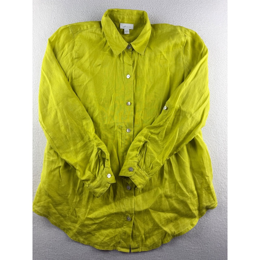 J. Jill Love Linen Chartreuse Green Roll Tab Button Down Shirt Womens XS
